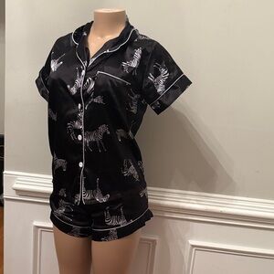 Women's Black Zebra Print Satin Pajama Set
